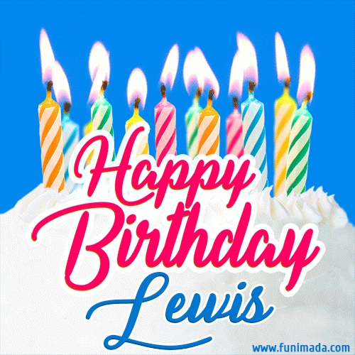 Happy Birthday GIF for Lewis with Birthday Cake and Lit Candles