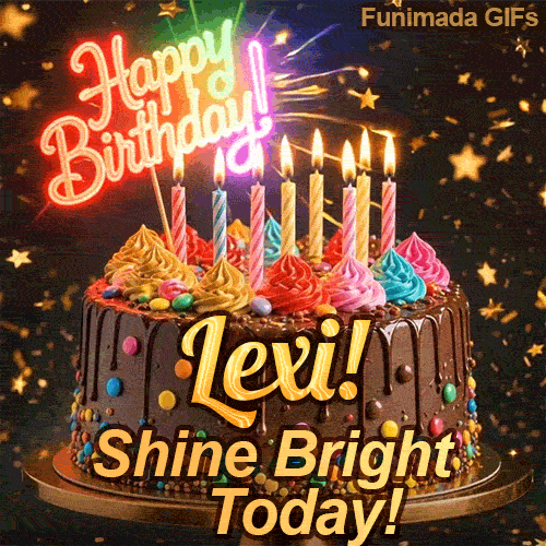 Happy Birthday Lexi animated GIF displaying a chocolate drip cake decorated with multicolored frosting and lit candles.
