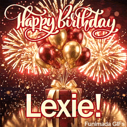 A luxury crimson holiday present wrapped with a golden satin ribbon on a sparkling gold background and name Lexie