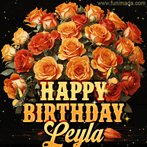 Beautiful bouquet of orange and red roses for Leyla, golden inscription and twinkling stars