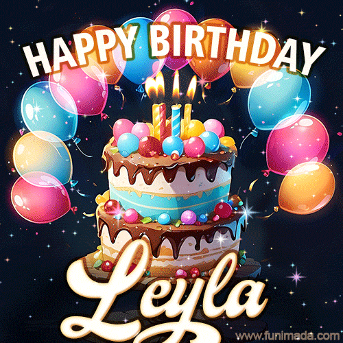 Hand-drawn happy birthday cake adorned with an arch of colorful balloons - name GIF for Leyla