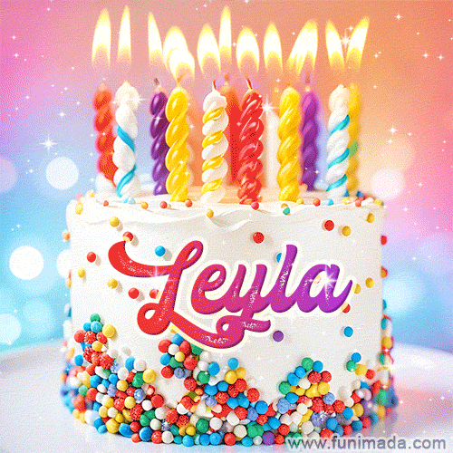Personalized for Leyla elegant birthday cake adorned with rainbow sprinkles, colorful candles and glitter