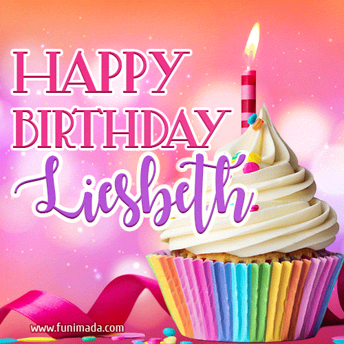 A vibrant birthday GIF featuring a rainbow-colored cupcake topped with white frosting, sprinkles, and a lit candle. The text reads 'Happy Birthday Liesbeth' in bold pink and violet letters with white outline.