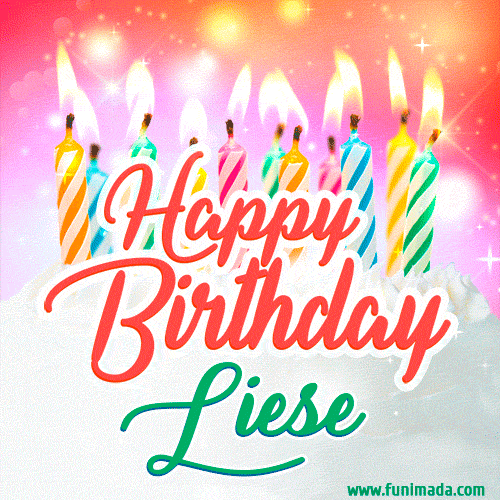 Bright birthday candles with rainbow flames on a cake, alongside the text 'Happy Birthday Liese' in vibrant script in this celebratory animated GIF.