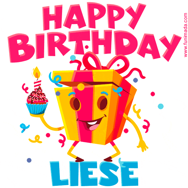 A vibrant and funny gift box character with a happy face dancing with a cupcake and the text 'Happy Birthday Liese,' surrounded by animated confetti and party vibes.