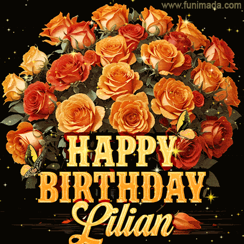 Beautiful bouquet of orange and red roses for Lilian, golden inscription and twinkling stars