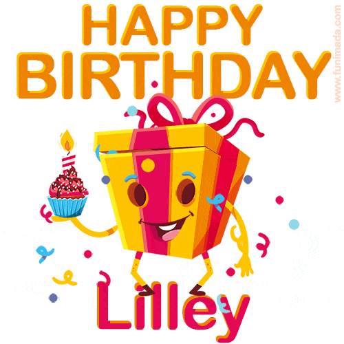 A vibrant and funny gift box character with a happy face dancing with a cupcake and the text 'Happy Birthday Lilley,' surrounded by animated confetti and party vibes.