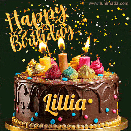 A delightful chocolate birthday cake with bright candles and 'Happy Birthday Lillia' written in gold amidst a shower of animated stars.