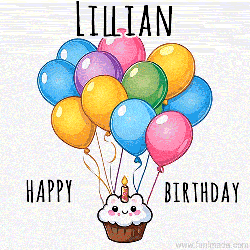An adorable and cute cupcake with a smiley face and moving colorful balloons create a joyful birthday greeting for Lillian in this cheerful animated greeting E-card.