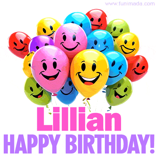 Animated colorful and joyful birthday balloons with cheerful smiles and a bright 'Happy Birthday Lillian!' message in pink and purple.