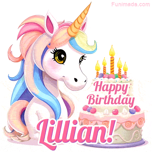 An adorable animated unicorn with soft pastel colors sits beside a birthday cake with glowing candles, and a pink 'Happy Birthday Lillian!' words.