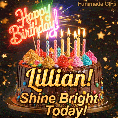 Cute chocolate cake animation with Lillian's name, decorated with glowing birthday candles and multicolored icing.