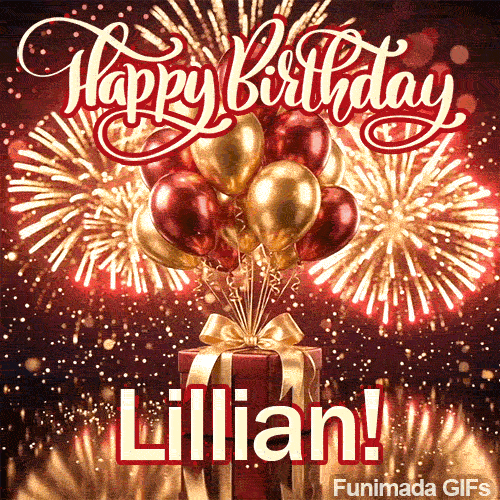 Cute gift-themed animated image showing a red present and shiny balloons for Lillians special day.