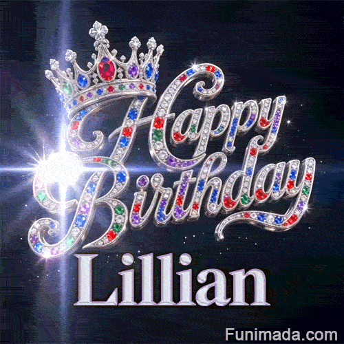 Custom birthday GIF for Lillian showing glittering crystals, a majestic tiara, and stellar space light beams.