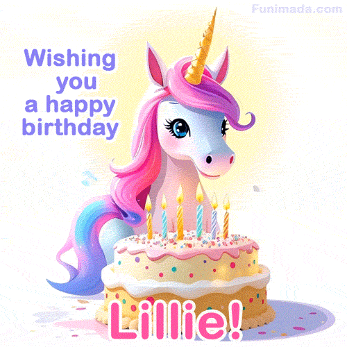 A cute moving unicorn with a birthday cake and candles, featuring 'Wishing you a happy birthday, Lillie!' in colorful text.