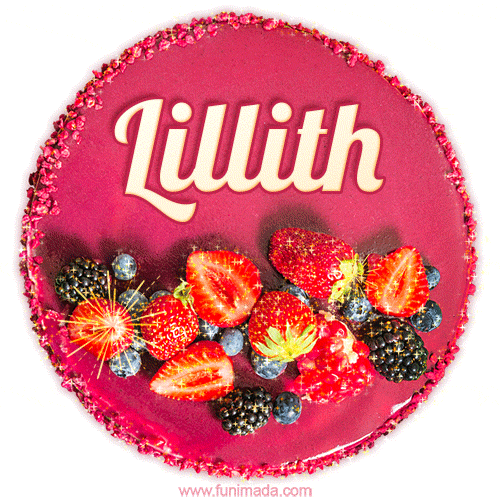 Beautifully decorated red velvet berry birthday cake with vibrant fruits and a glowing 'Lillith' name, adding a touch of sweetness and sparkle.