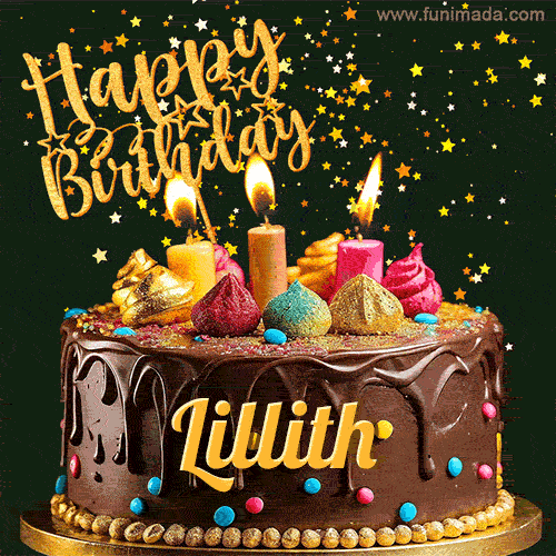 A delightful chocolate birthday cake with bright candles and 'Happy Birthday Lillith' written in gold amidst a shower of animated stars.