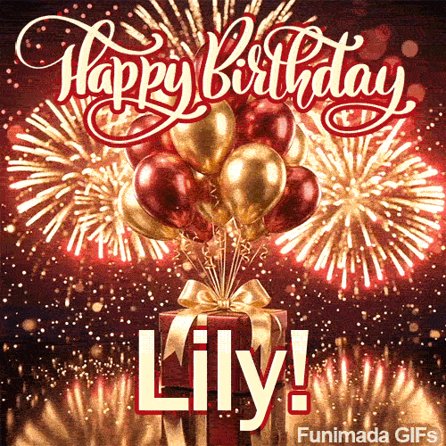 Large white nameplate spelling Lily with red outline placed on a luxurious red gift box under party balloons.