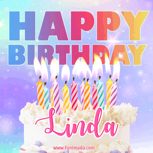 Animated Happy Birthday Cake with Name Linda and Burning Candles
