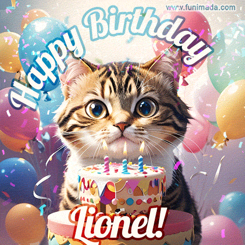 Happy birthday gif for Lionel with cat and cake