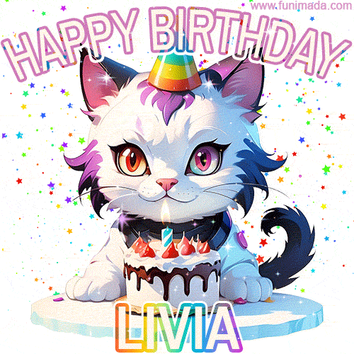 Cute cosmic cat with a birthday cake for Livia surrounded by a shimmering array of rainbow stars