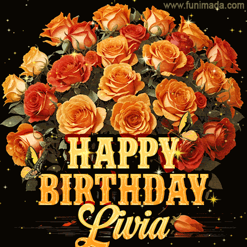 Beautiful bouquet of orange and red roses for Livia, golden inscription and twinkling stars