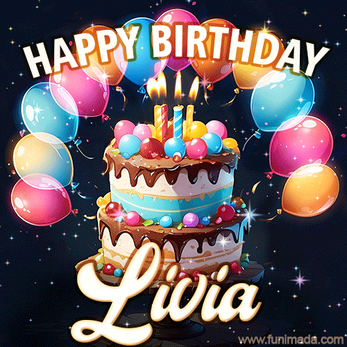 Hand-drawn happy birthday cake adorned with an arch of colorful balloons - name GIF for Livia