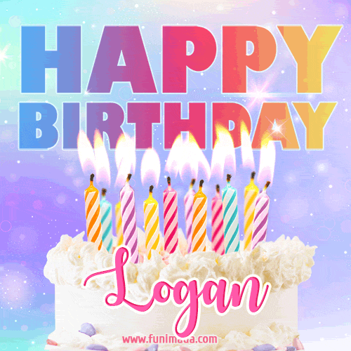 Animated Happy Birthday Cake with Name Logan and Burning Candles