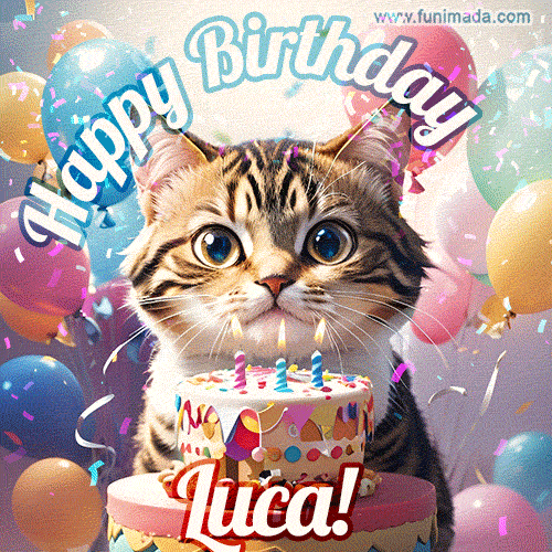 Happy birthday gif for Luca with cat and cake