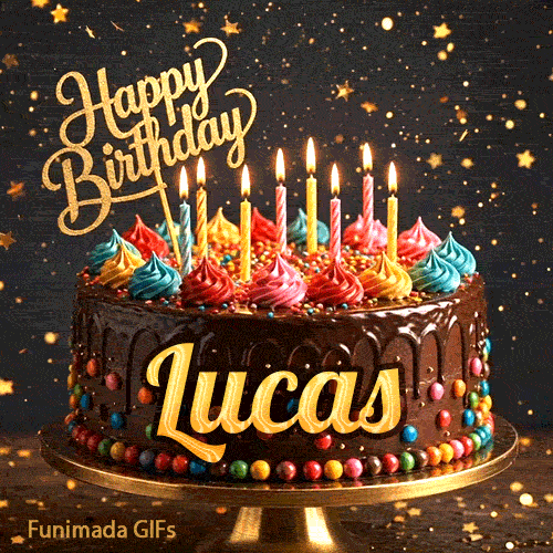 Flickering candles on top of a decorated chocolate cake with multicolored frosting swirls for Lucas's birthday celebration.