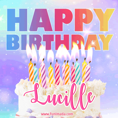 Animated Happy Birthday Cake with Name Lucille and Burning Candles