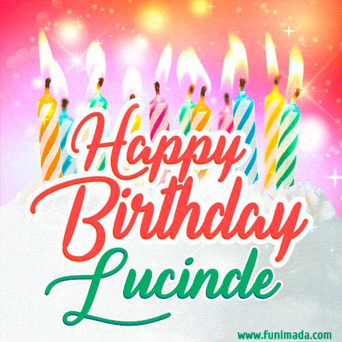 Bright birthday candles with rainbow flames on a cake, alongside the text 'Happy Birthday Lucinde' in vibrant script in this celebratory animated GIF.