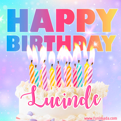 A vibrant animated name GIF with the words 'Happy Birthday Lucinde' with colorful candles on a creamy cake. The background sparkles with pastel shades, adding a festive touch.