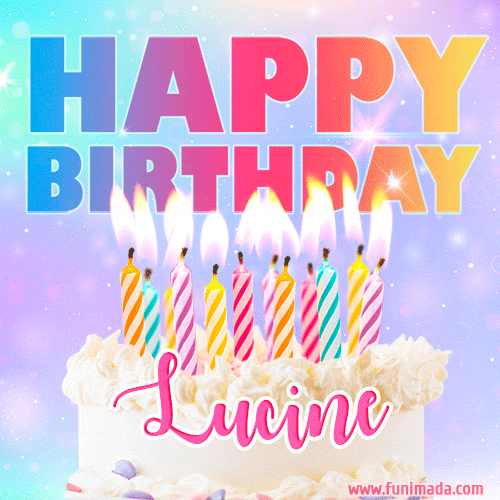 A vibrant animated name GIF with the words 'Happy Birthday Lucine' with colorful candles on a creamy cake. The background sparkles with pastel shades, adding a festive touch.
