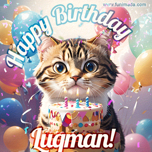 Happy birthday gif for Luqman with cat and cake