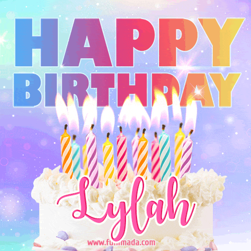 Animated Happy Birthday Cake with Name Lylah and Burning Candles