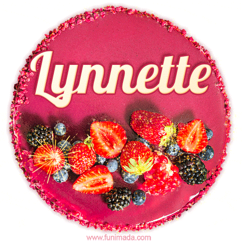 Beautifully decorated red velvet berry birthday cake with vibrant fruits and a glowing 'Lynnette' name, adding a touch of sweetness and sparkle.