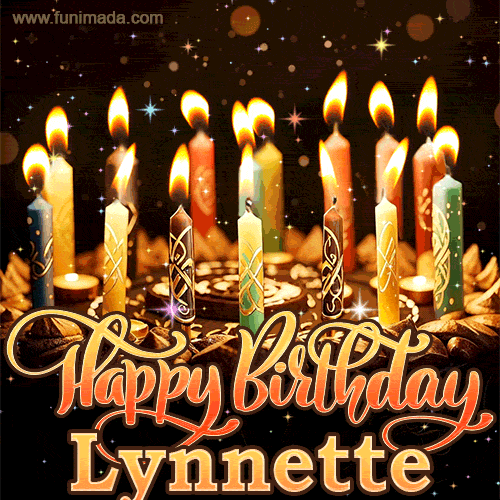 A glowing personalized birthday GIF with name Lynnette featuring lit candles with intricate designs, warm lighting, and the text 'Happy Birthday' in an elegant font.