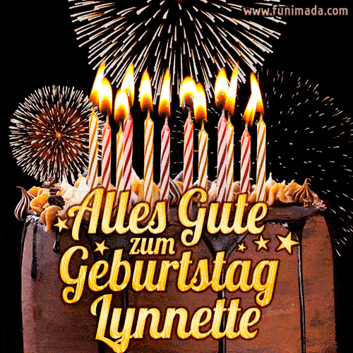 A chocolate birthday cake with glowing candles, the German text 'Alles Gute zum Geburtstag Lynnette,' and vibrant fireworks lighting up the background in an animated GIF.