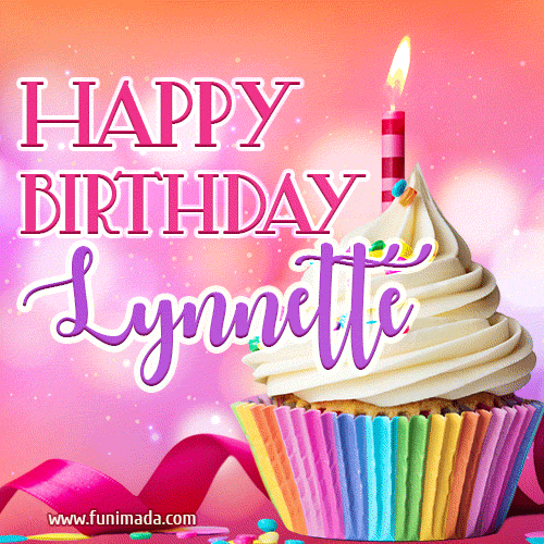 A vibrant birthday GIF featuring a rainbow-colored cupcake topped with white frosting, sprinkles, and a lit candle. The text reads 'Happy Birthday Lynnette' in bold pink and violet letters with white outline.