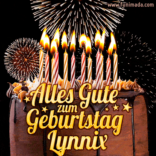 A chocolate birthday cake with glowing candles, the German text 'Alles Gute zum Geburtstag Lynnix,' and vibrant fireworks lighting up the background in an animated GIF.