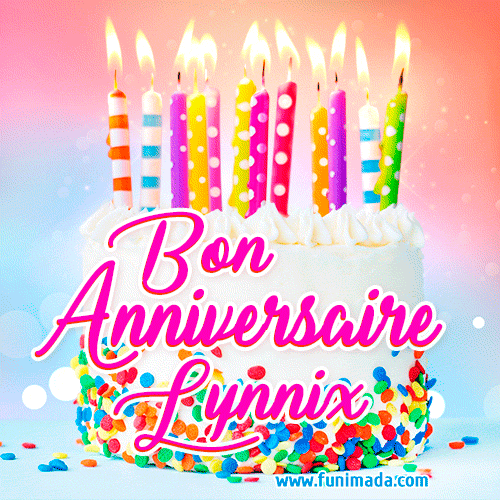 A white birthday cake covered in colorful sprinkles, topped with bright candles, and French text 'Bon Anniversaire Lynnix' on a pastel gradient background in an animated GIF.