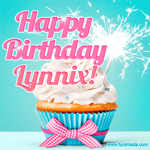 A festive cupcake with pink icing, a gingham bow, and a lit animated sparkler, paired with 'Happy Birthday Lynnix!' in bright pink text.