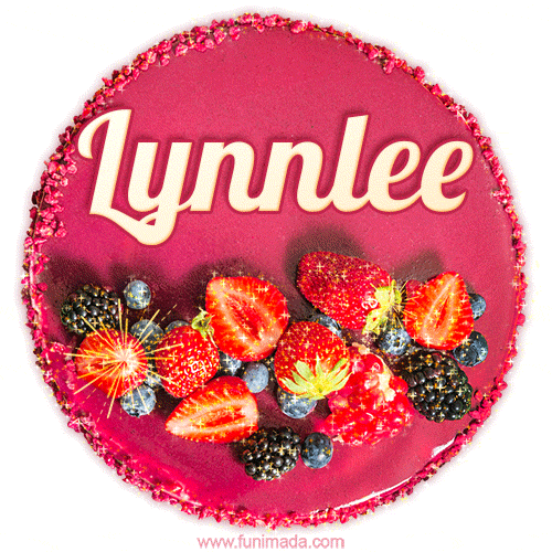 Beautifully decorated red velvet berry birthday cake with vibrant fruits and a glowing 'Lynnlee' name, adding a touch of sweetness and sparkle.