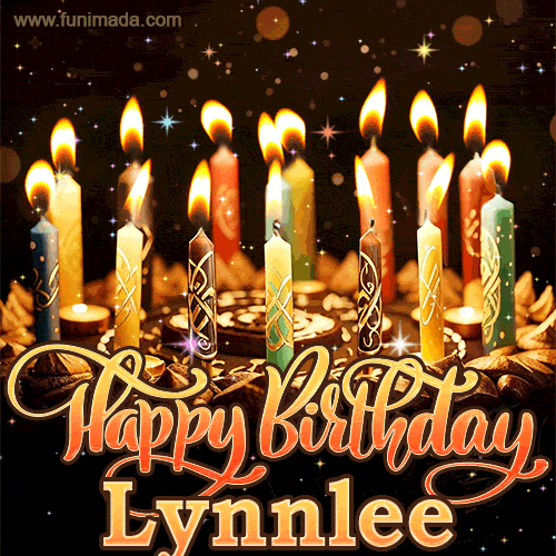 A glowing personalized birthday GIF with name Lynnlee featuring lit candles with intricate designs, warm lighting, and the text 'Happy Birthday' in an elegant font.
