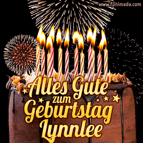 A chocolate birthday cake with glowing candles, the German text 'Alles Gute zum Geburtstag Lynnlee,' and vibrant fireworks lighting up the background in an animated GIF.