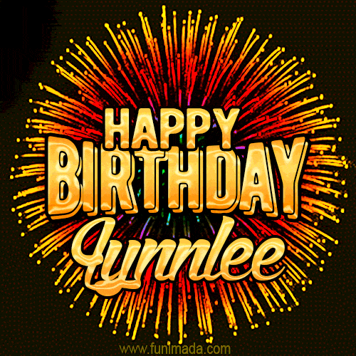 Golden 'Happy Birthday Lynnlee' text accompanied by animated rainbow fireworks for a festive animated greeting.