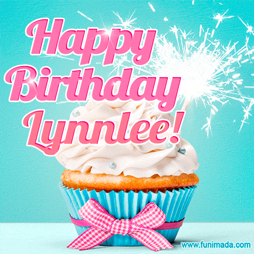 A festive cupcake with pink icing, a gingham bow, and a lit animated sparkler, paired with 'Happy Birthday Lynnlee!' in bright pink text.