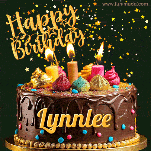 A delightful chocolate birthday cake with bright candles and 'Happy Birthday Lynnlee' written in gold amidst a shower of animated stars.