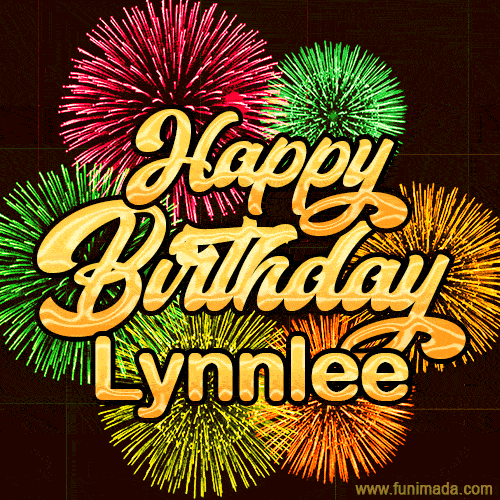 Golden text reading 'Happy Birthday Lynnlee' surrounded by vibrant fireworks in red, green, and yellow, set against a dark background in this celebratory birthday GIF.